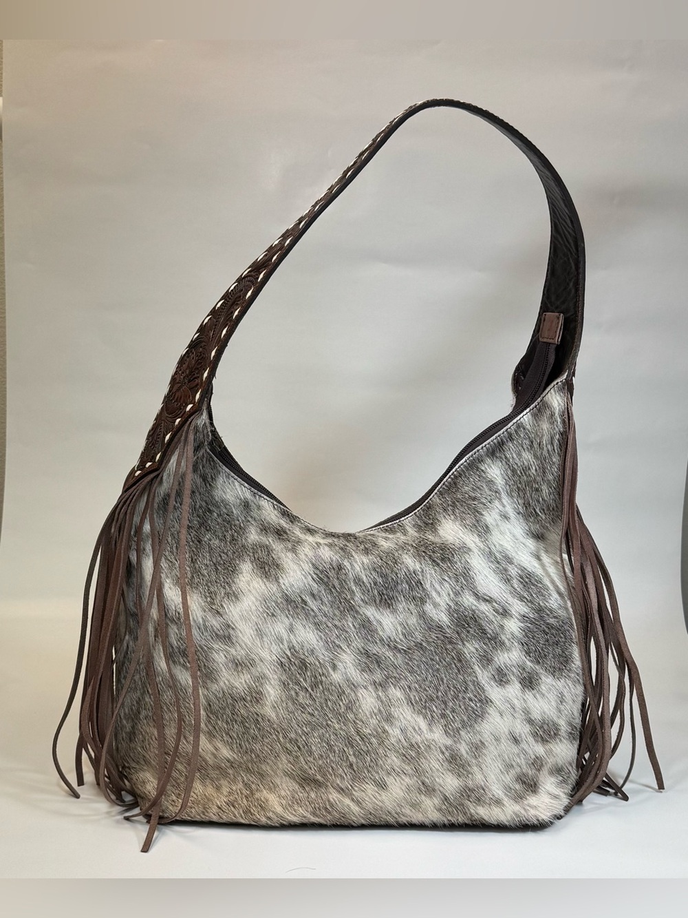American Darling Brown and White Cowhide Fringe Shoulder Bag